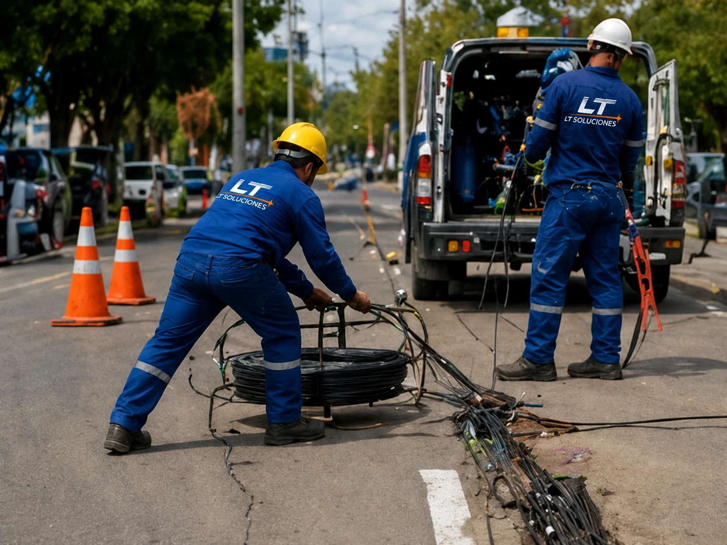 Cuadrilla LT Soluciones con flota y equipamiento técnico en calle