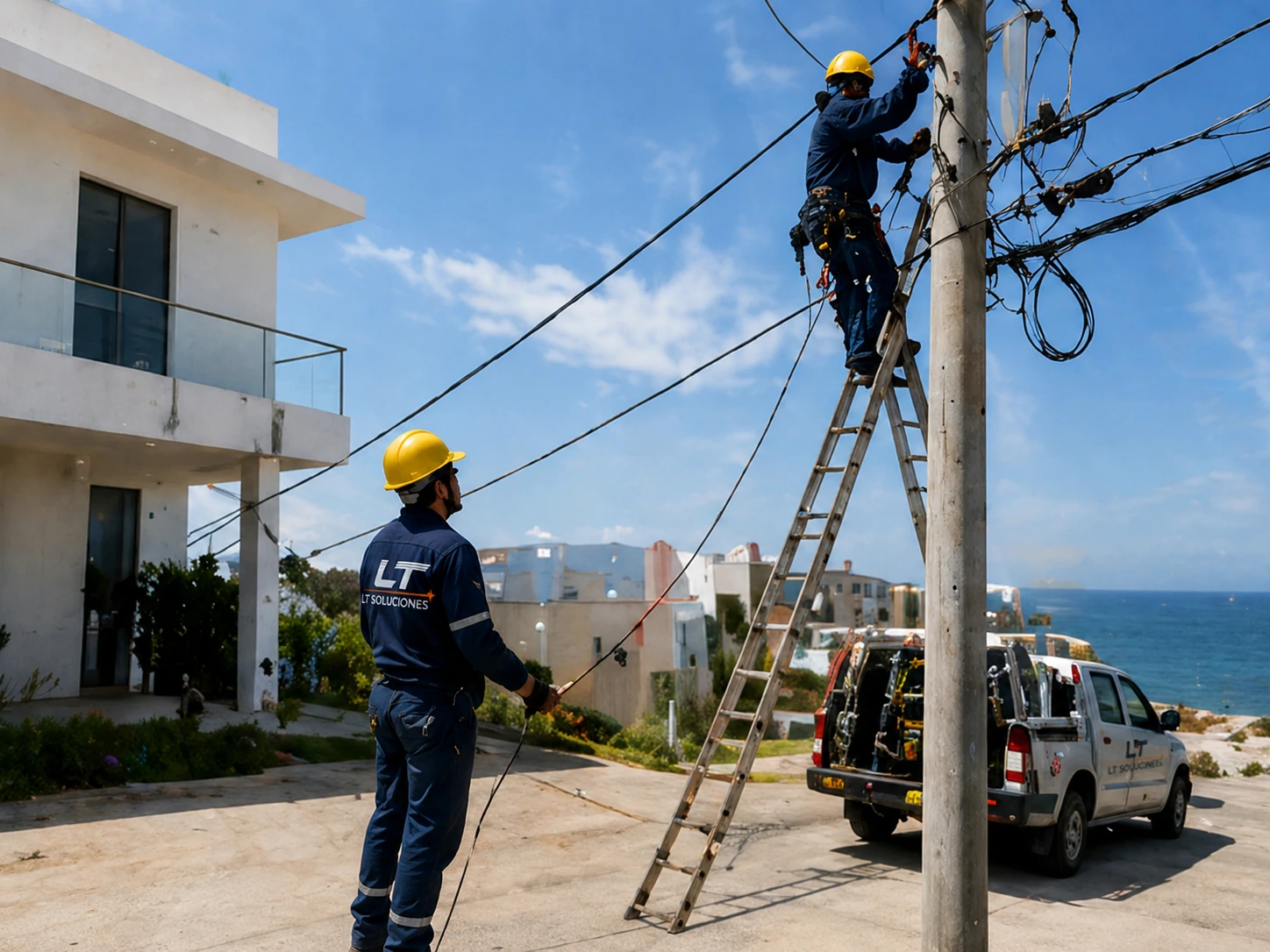 Técnico LT Soluciones trabajando en poste de telecomunicaciones