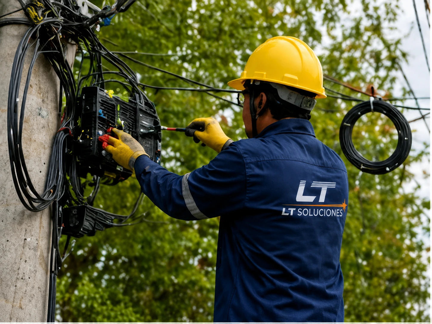 Técnico LT Soluciones interviniendo una caja de fibra óptica